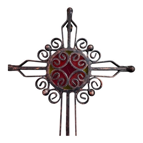 Vintage Ornate Scrolls Cross Red Green Stained Glass Centerpiece 12" Wall Decor - Picture 2 of 6